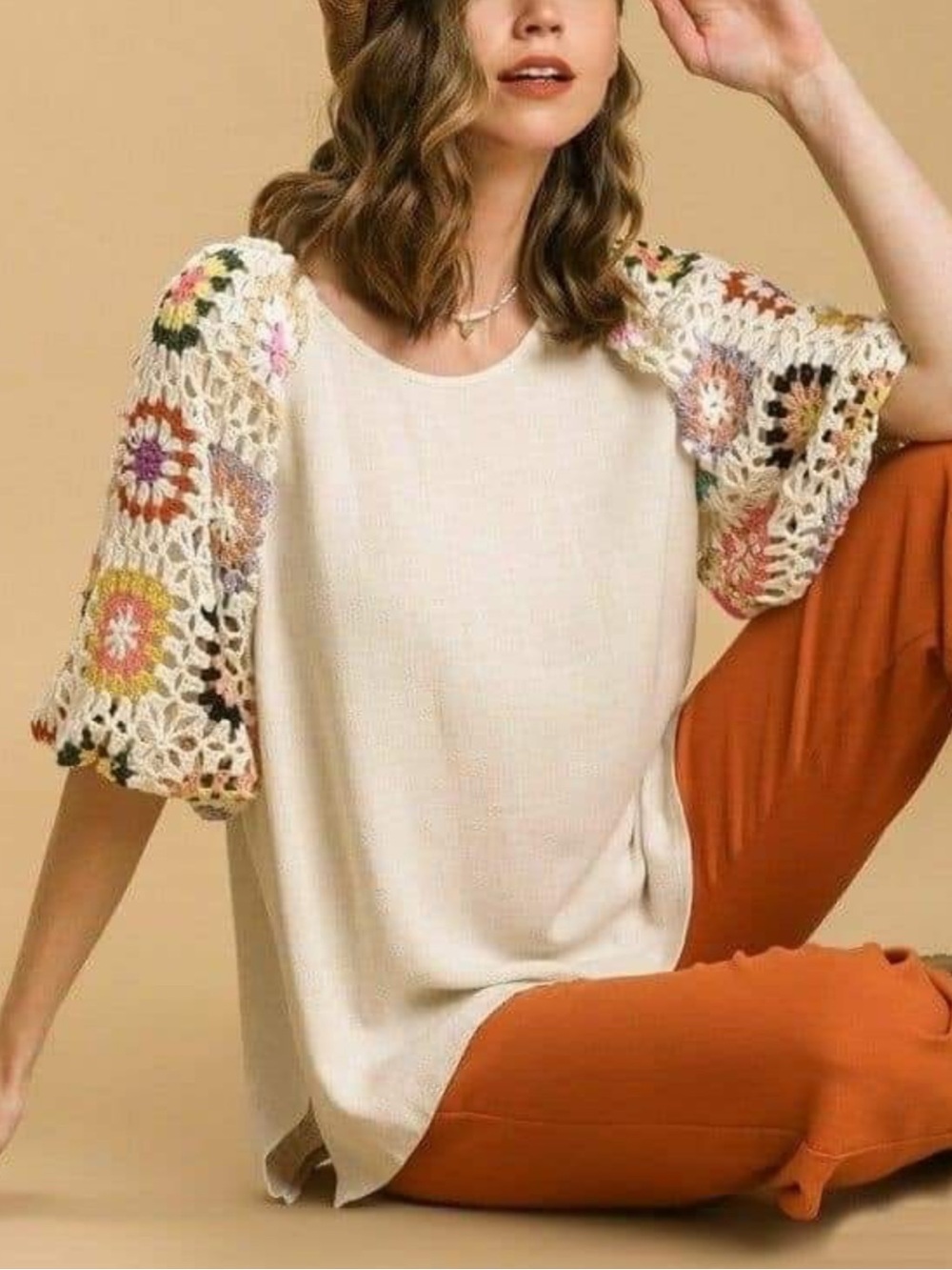 Umgee granny square crochet sleeve top